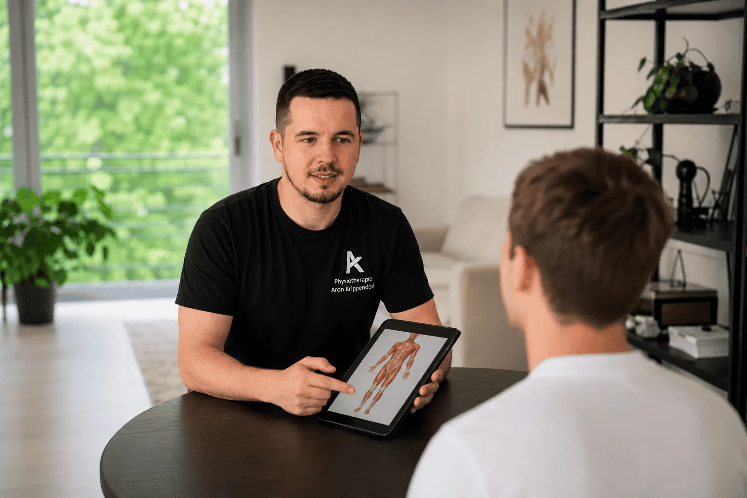 Therapeut der Praxis Aron Krippendorf erklärt einem Patienten die Behandlung